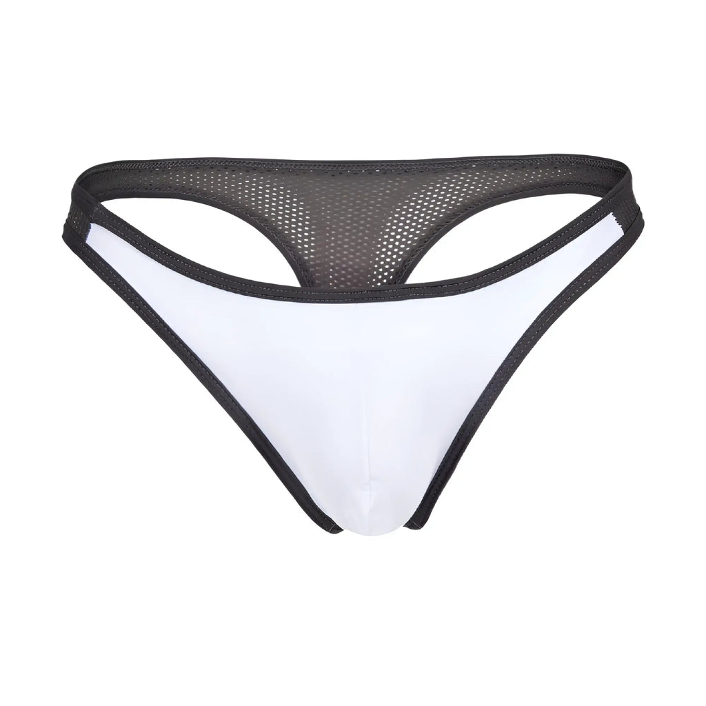 Agacio AGK039 thong in white and black mesh with a smooth, form-fitting design shown from the back side