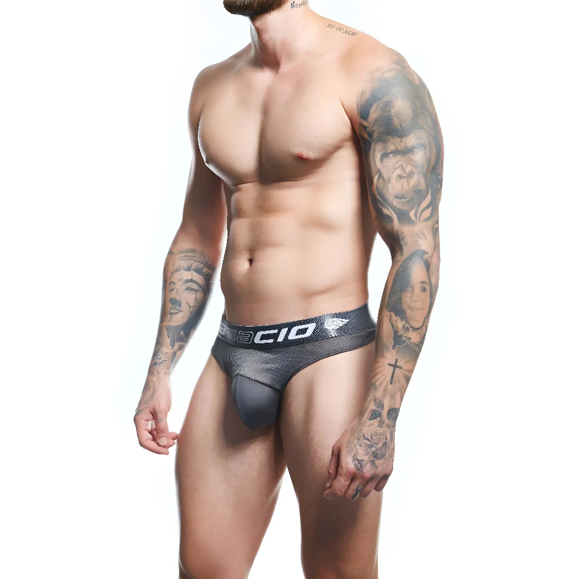 Black and gray textured men’s briefs with white basicio logo on waistband from agacio agk040 thong collection