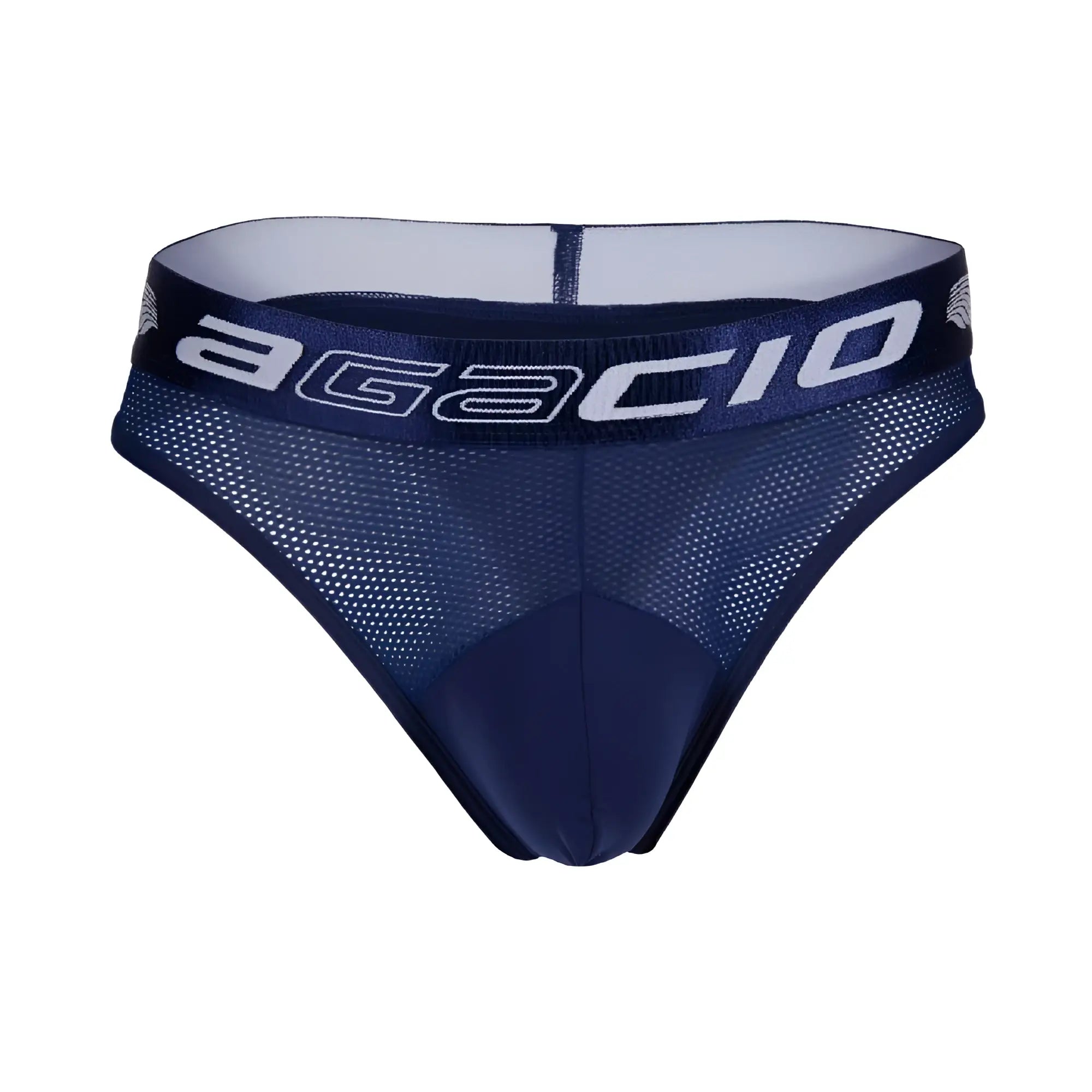 Navy blue mesh Agacio AGK040 thong briefs with white agacio logo on the waistband showing the front side