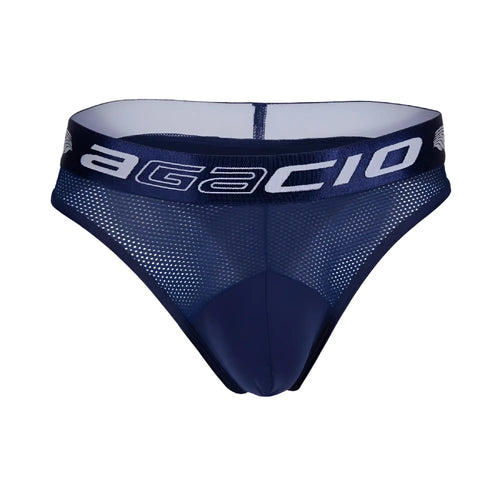 Navy blue mesh Agacio AGK040 thong briefs with white agacio logo on the waistband showing the front side