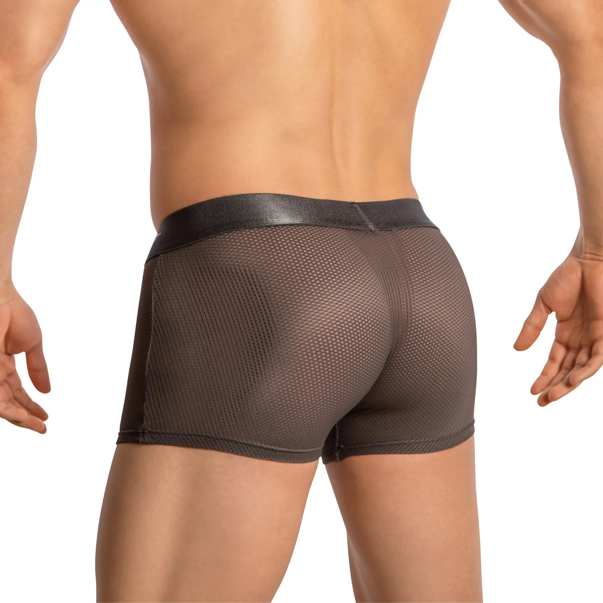 Agacio boxer mesh trunks agg085 black briefs with mesh fabric and smooth faux leather waistband front view
