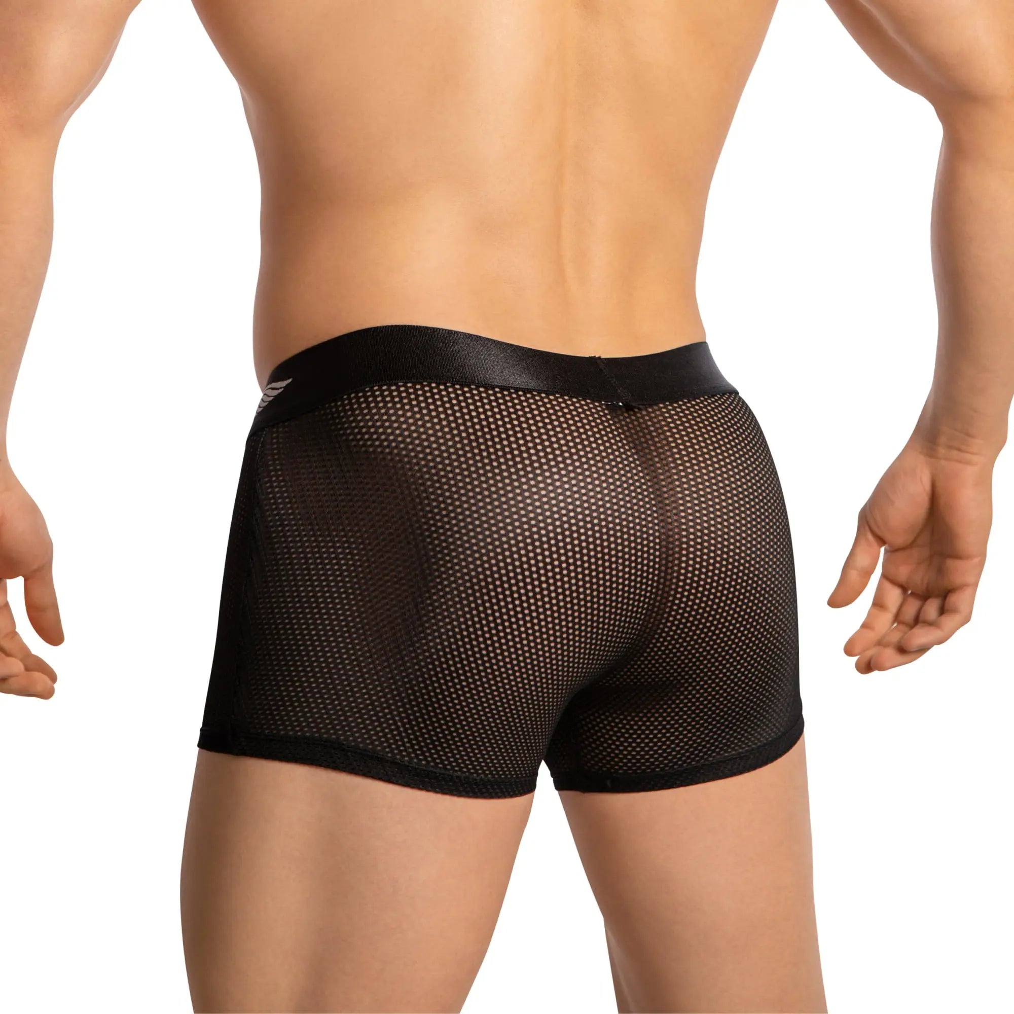 Agacio boxer mesh trunks with pouch in black featuring breathable mesh fabric and solid black waistband
