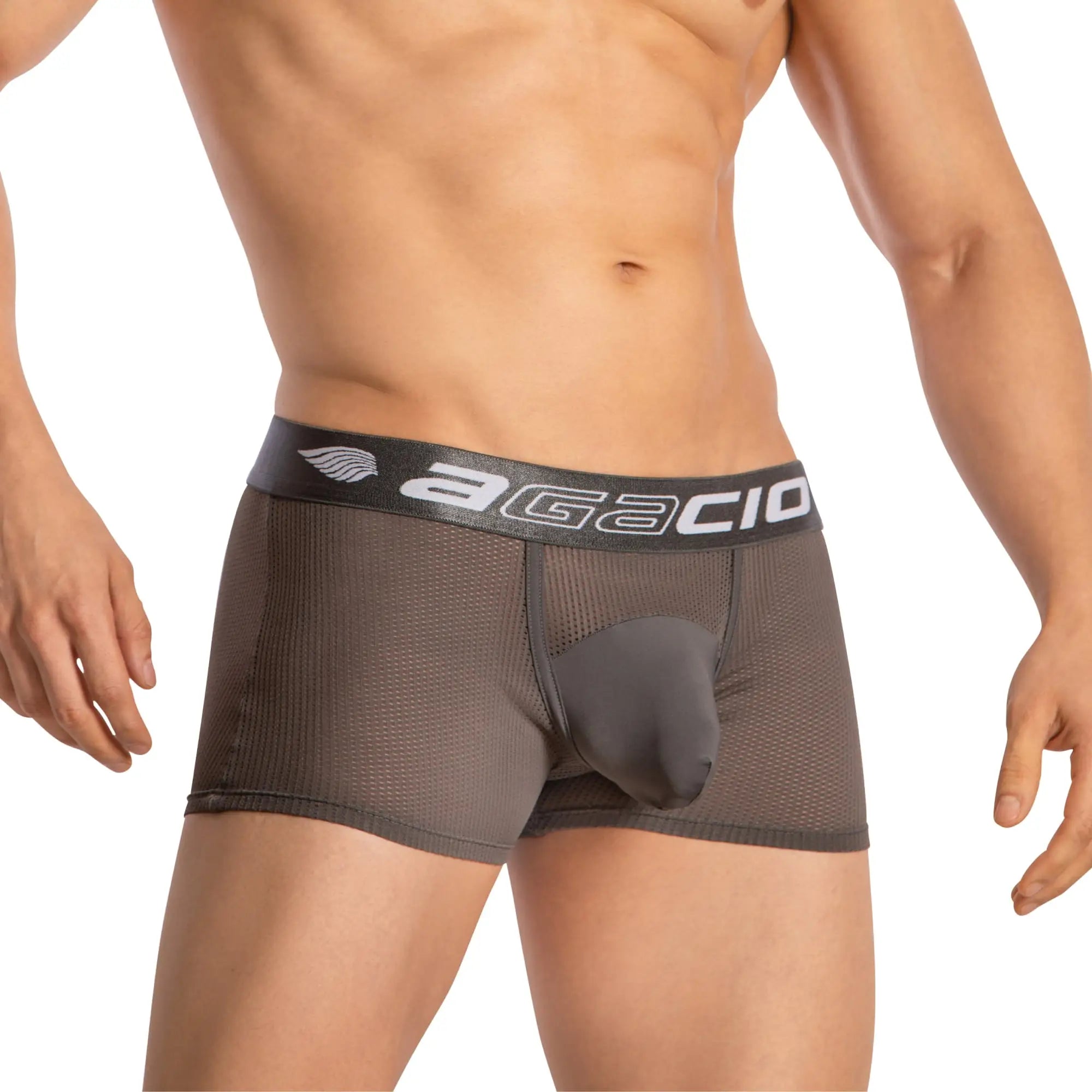 Dark gray agacio men’s boxer mesh trunks with pouch featuring breathable fabric and black elastic waistband with logo