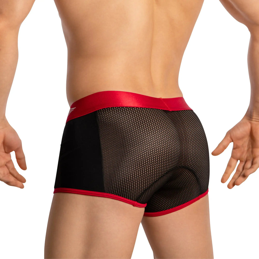 Agacio boxer sheer trunks AGG086 black mesh briefs with red elastic waistband and trim front view
