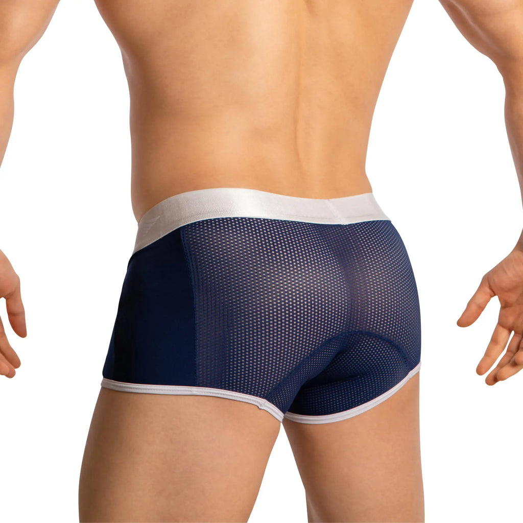 Navy blue agacio boxer sheer trunks with white trim mesh briefs featuring a padded rear panel shown from the back