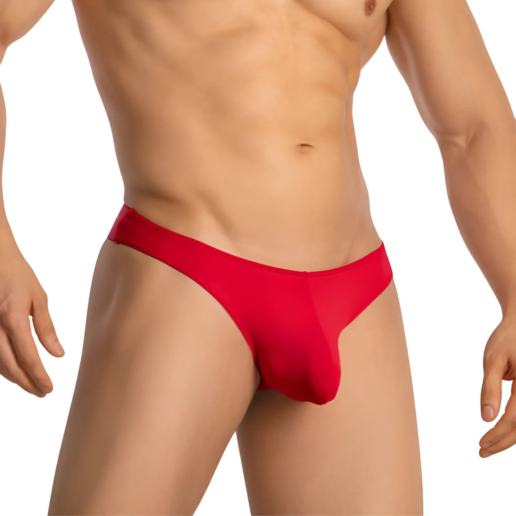 Red form-fitting thong made of smooth stretch fabric from Agacio sexy ultra soft thongs AGK037 shown from back side