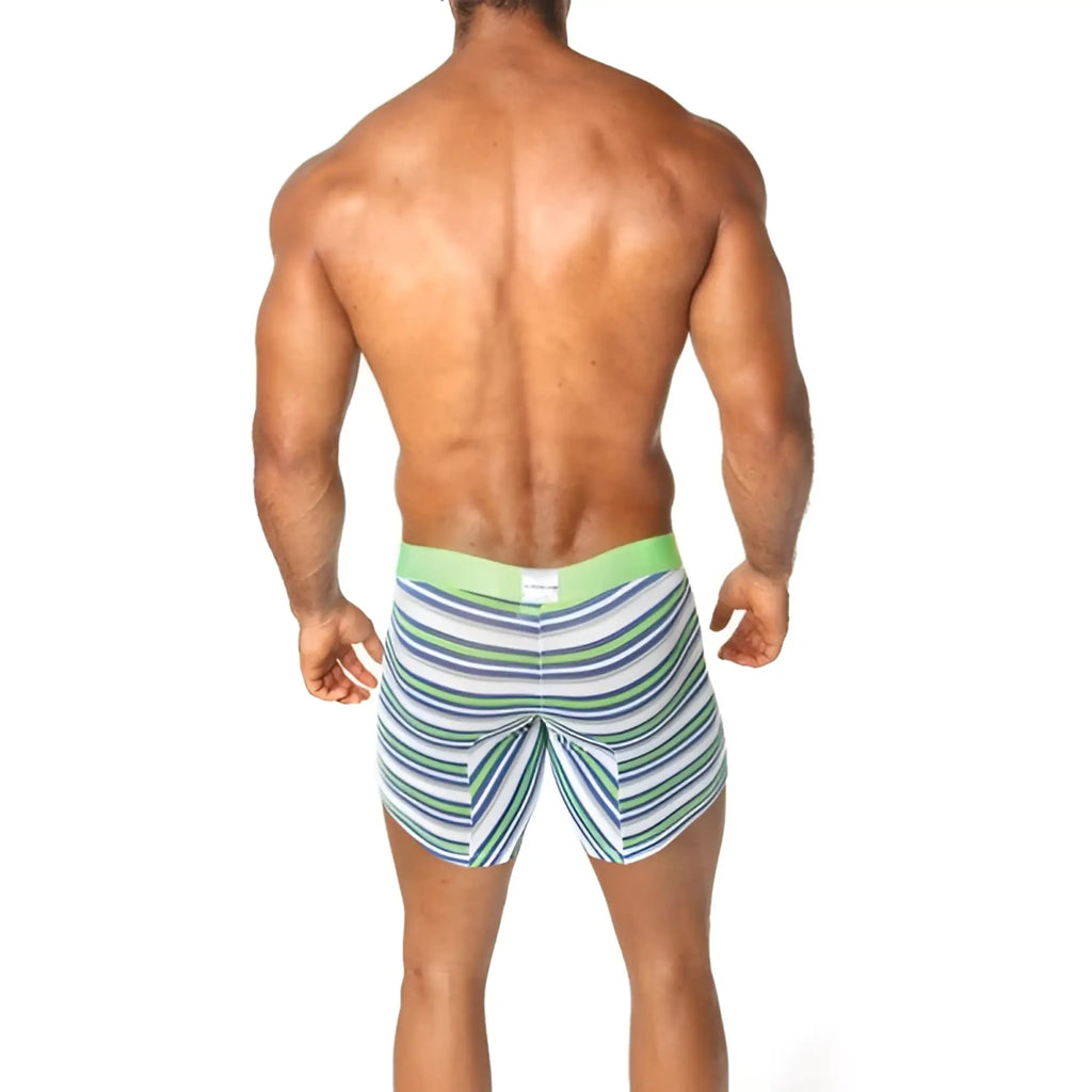 Agacio stripes long leg boxer brief underwear in lime and royal blue with striped pattern and lime waistband size L