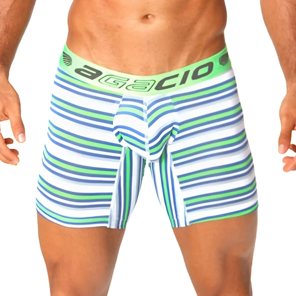 Agacio stripes long leg boxer brief underwear in white blue and green with lime green waistband size l