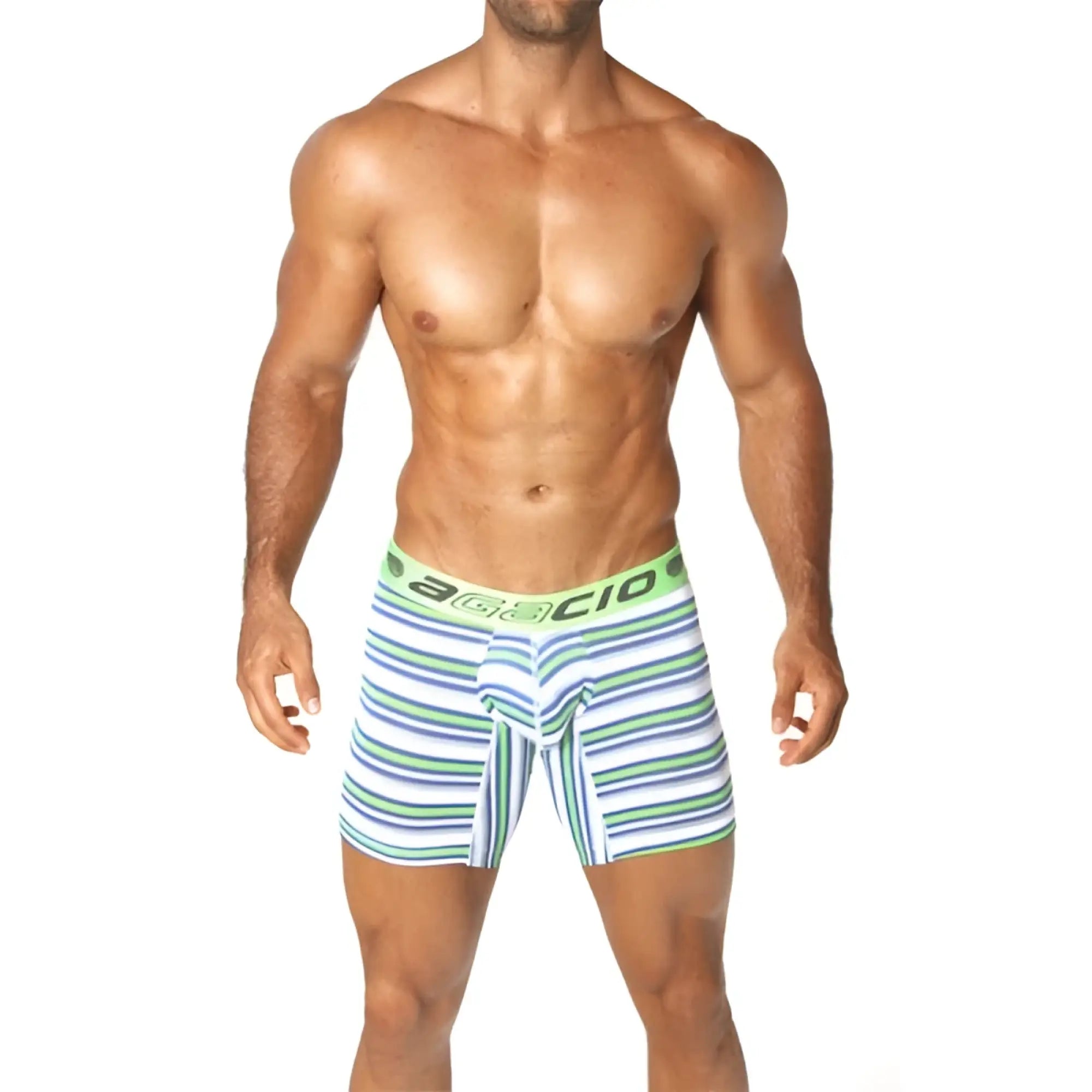 Striped agacio long leg boxer briefs in white light blue and green with lime green waistband size large