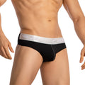 Black men’s briefs with silver waistband featuring amecio logo and wing emblem agacio thongs for guys sports underwear