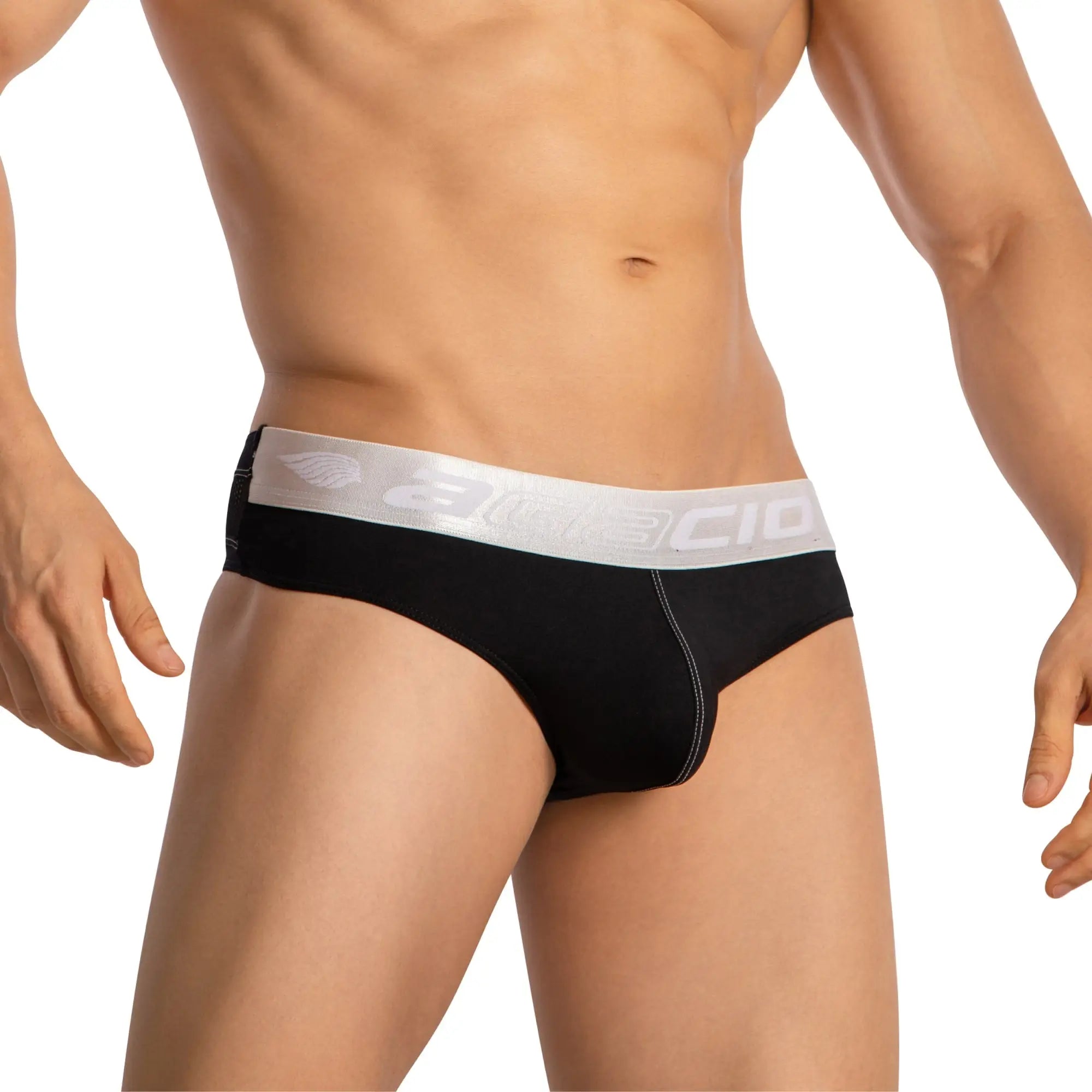 Black men’s briefs with silver waistband featuring amecio logo and wing emblem agacio thongs for guys sports underwear