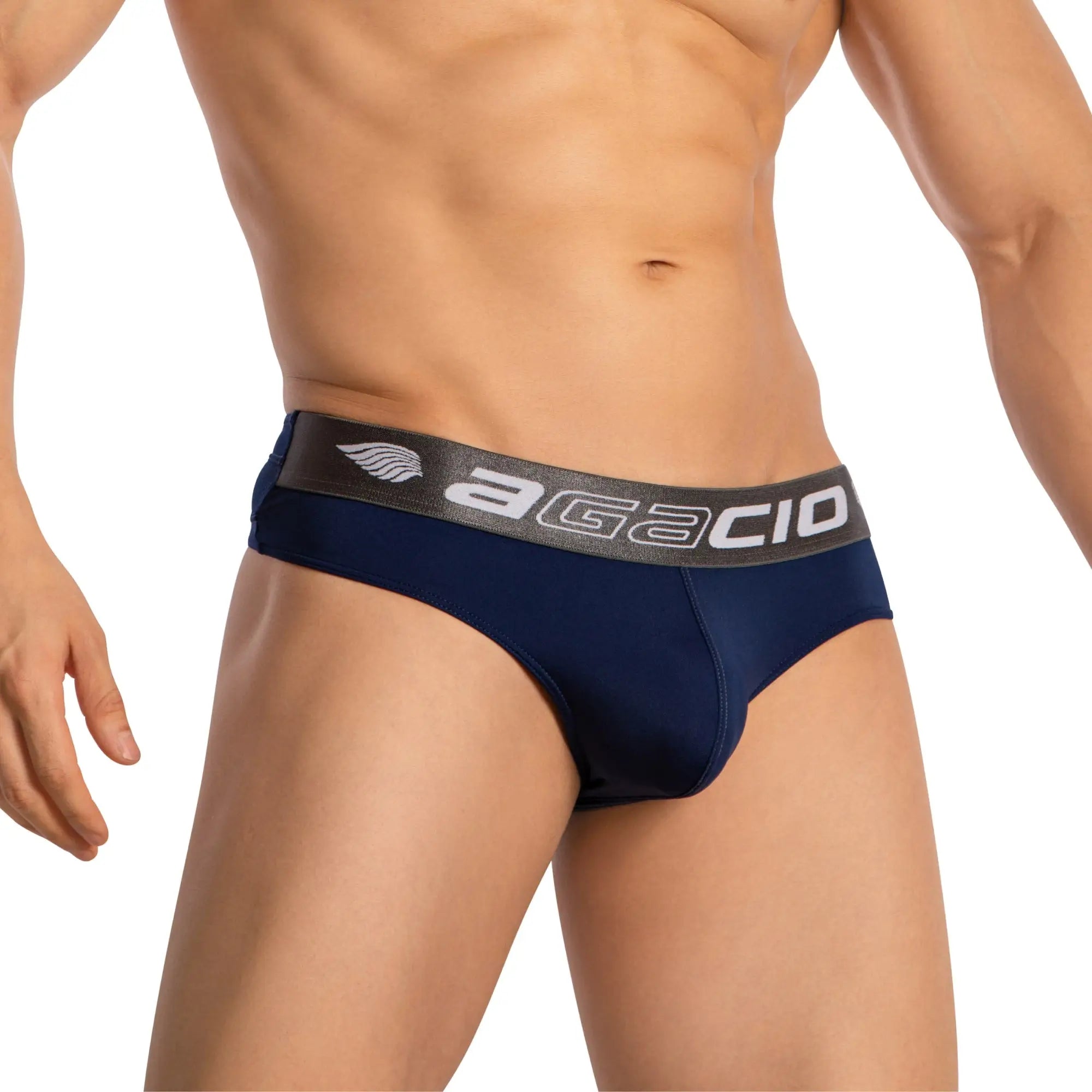 Navy blue agacio briefs with black waistband, white lettering, and wing logo designed as sports underwear for guys