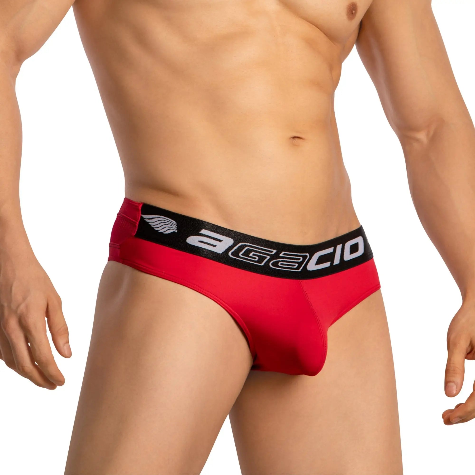 Red agacio men’s briefs with black waistband featuring logo and white wing emblem in sports underwear agk035