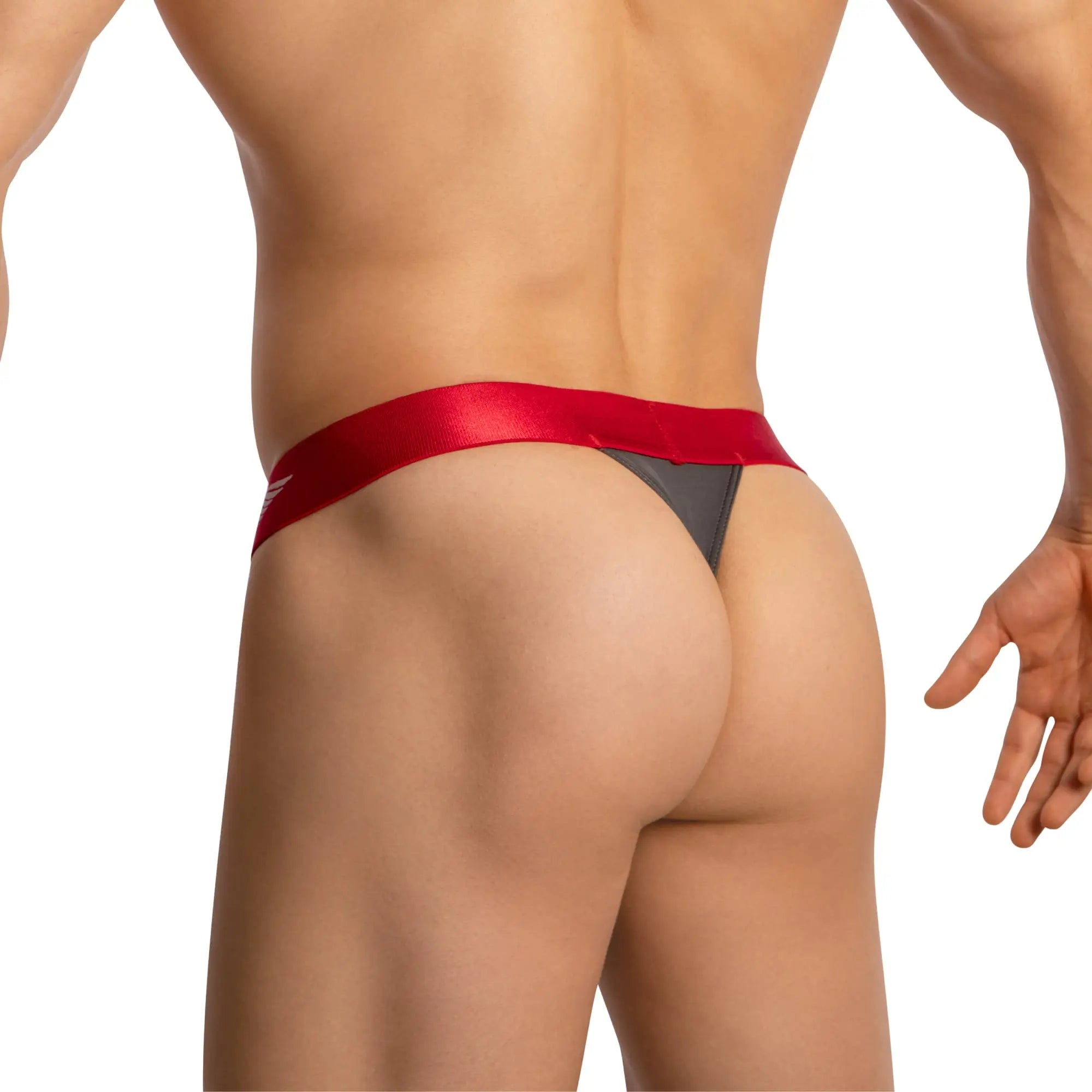 Agacio v-cut sheer men’s thong with red satin waistband and sleek minimalist design on dark gray fabric