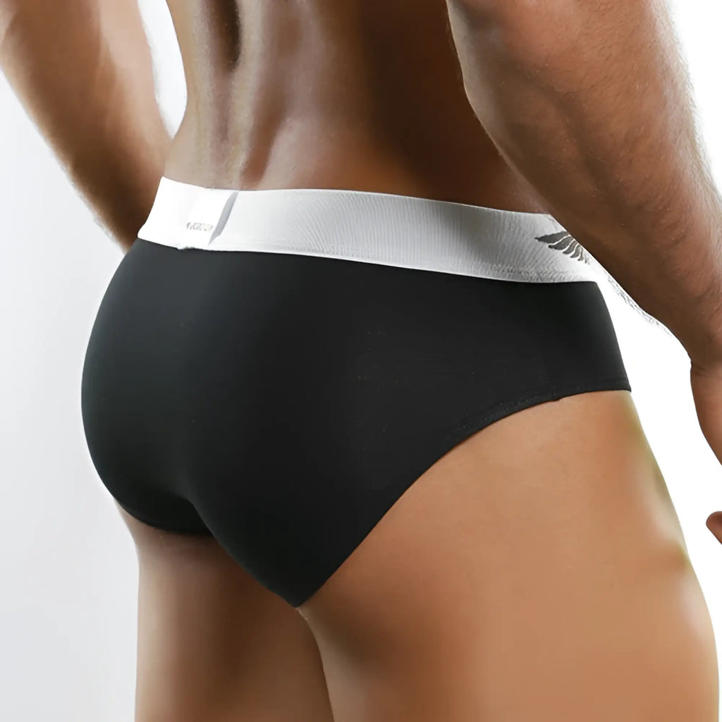 Black agacio zotico live classic brief size s with white elastic waistband and subtle wing logo front view
