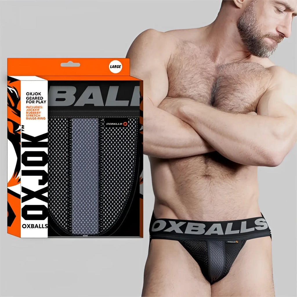 Black mesh airmesh jockstrap briefs with gray oxballs branding on the waistband for athletic support