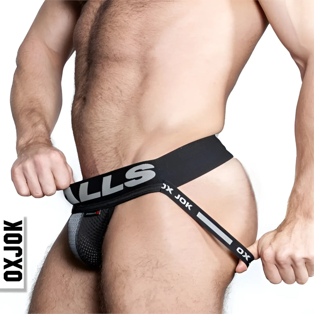 Black oxjok airmesh jockstrap with mesh panel and elastic waistband for comfortable support and breathability