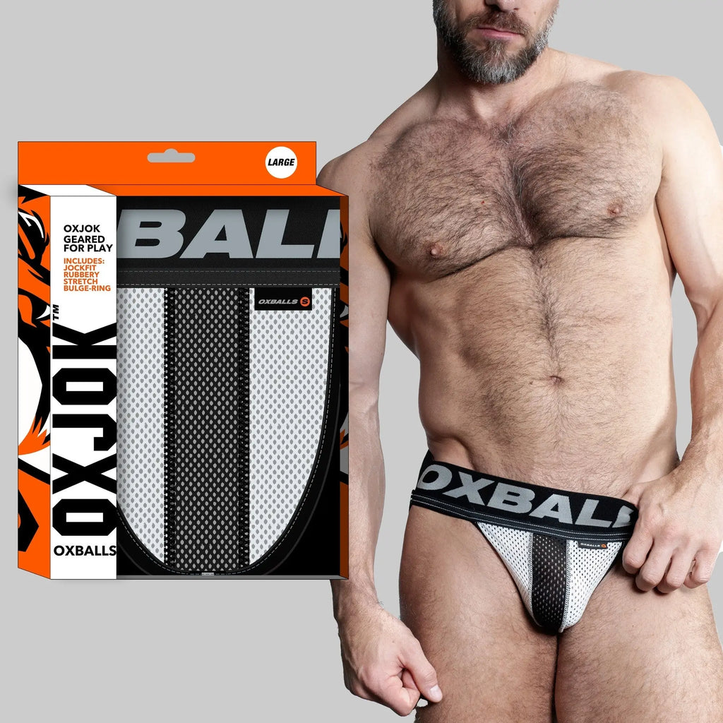 Black and white mesh oxballs airmesh jockstrap briefs with bold black waistband and silver oxballs logo