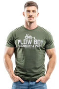 Olive green premium cotton t-shirt featuring a white tractor graphic and plow boy machinery parts text on the chest