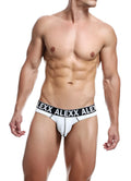 White alexx branded briefs with a black waistband featuring bold white alexx underwear logo size xl