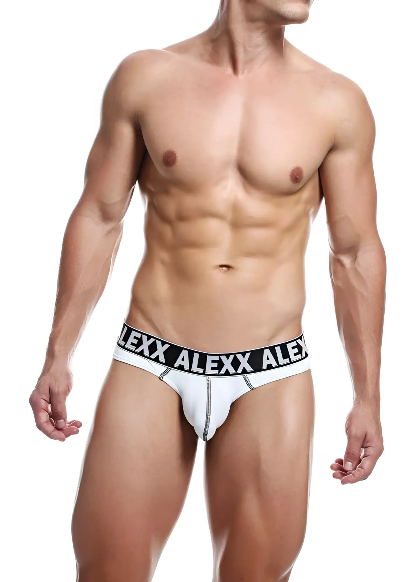 White alexx branded briefs with a black waistband featuring bold white alexx underwear logo size xl