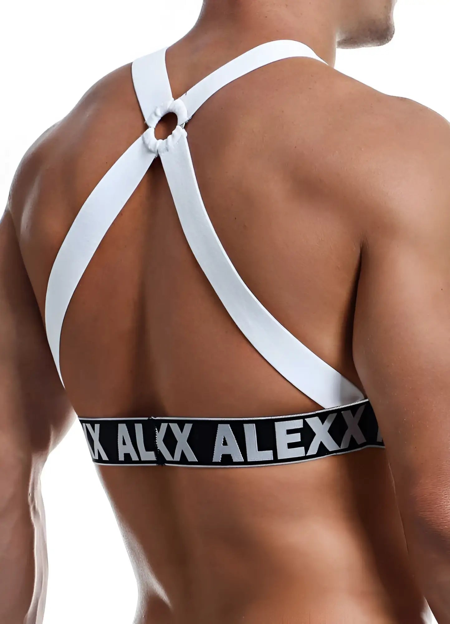 White cross-back athletic supporter with black elastic alexx branding shown from the back in one size ALU002 model