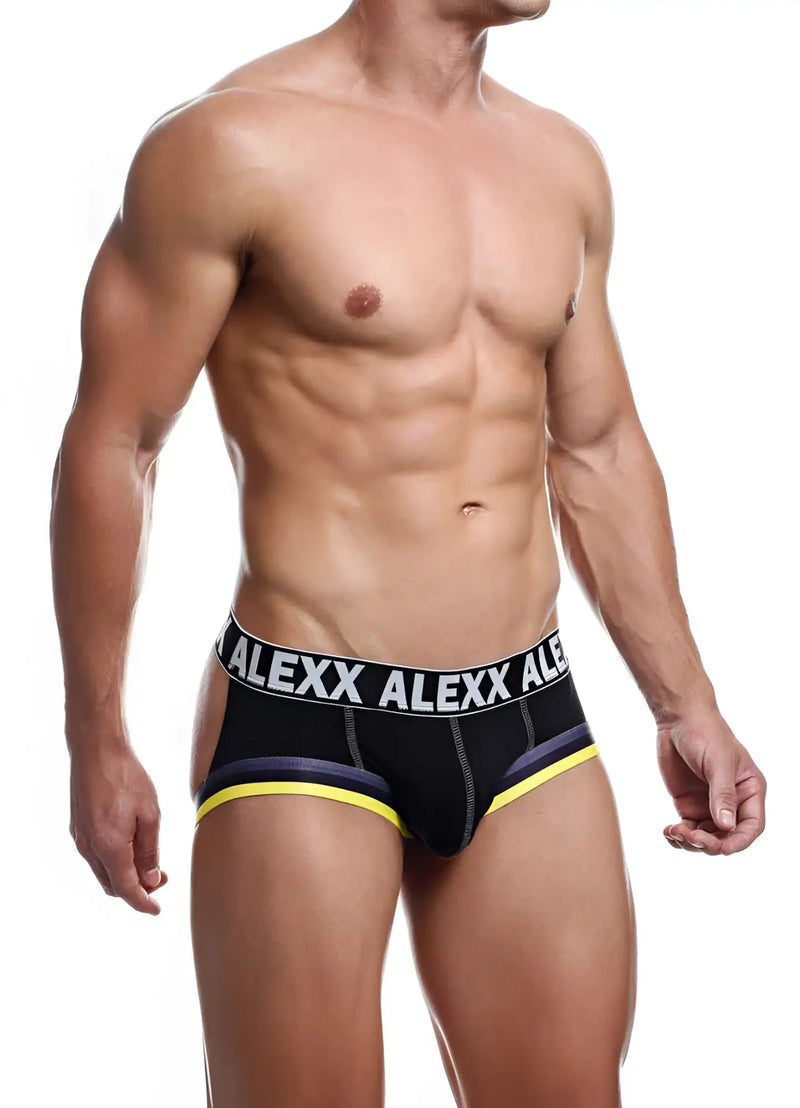 Black alexx underwear gareth jock strap briefs with bold white logo band and yellow trim size s