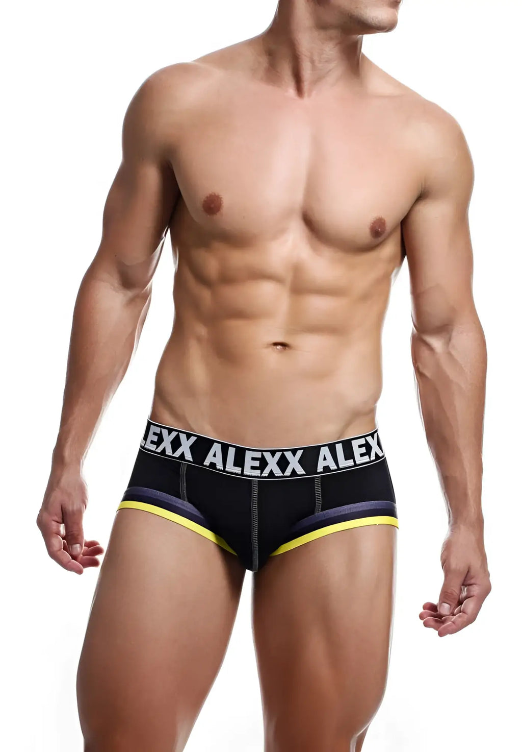 Black alexx men’s briefs with white alexx waistband and yellow trim alexx underwear gareth jock strap size s