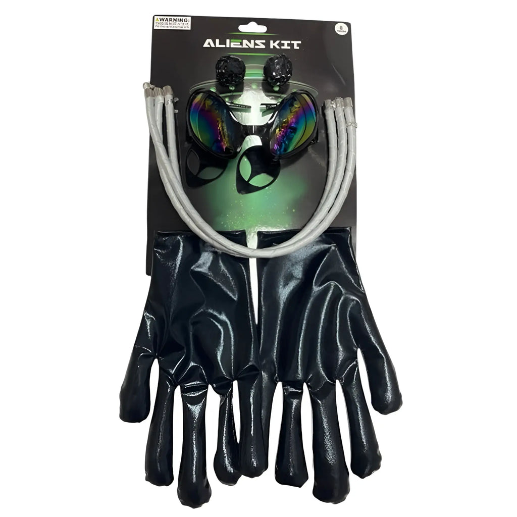 Black latex gloves with a glossy finish part of the aliens kit costume set in the alien dress-up kit