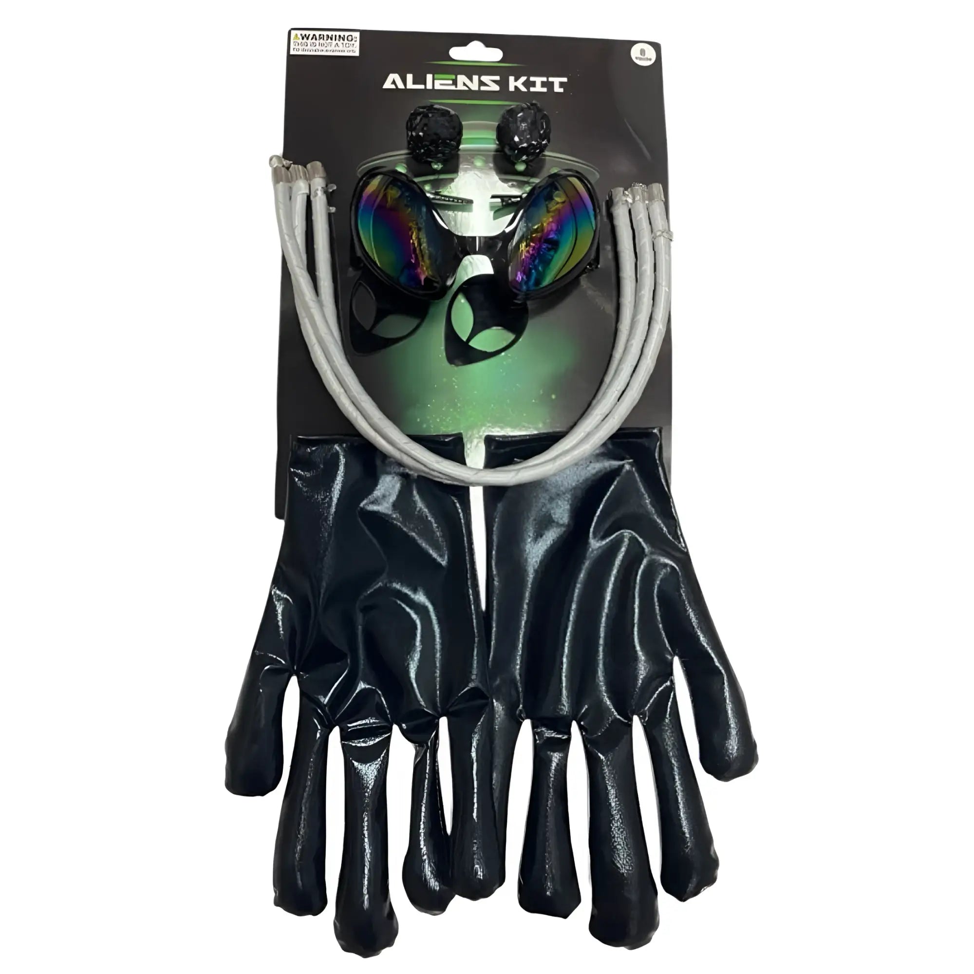 Black latex gloves with a glossy finish part of the aliens kit costume set in the alien dress-up kit