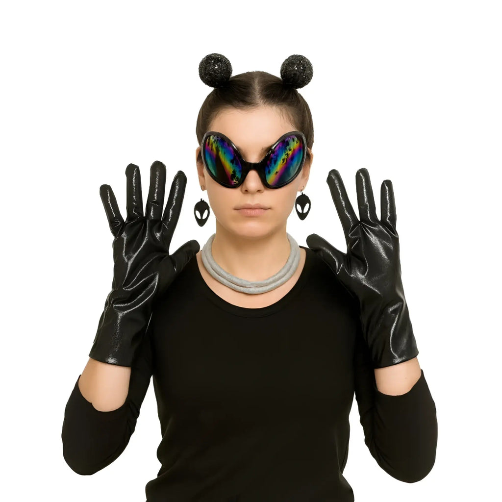 Black patent leather gloves with glossy finish and long fitted design from alien dress up kit