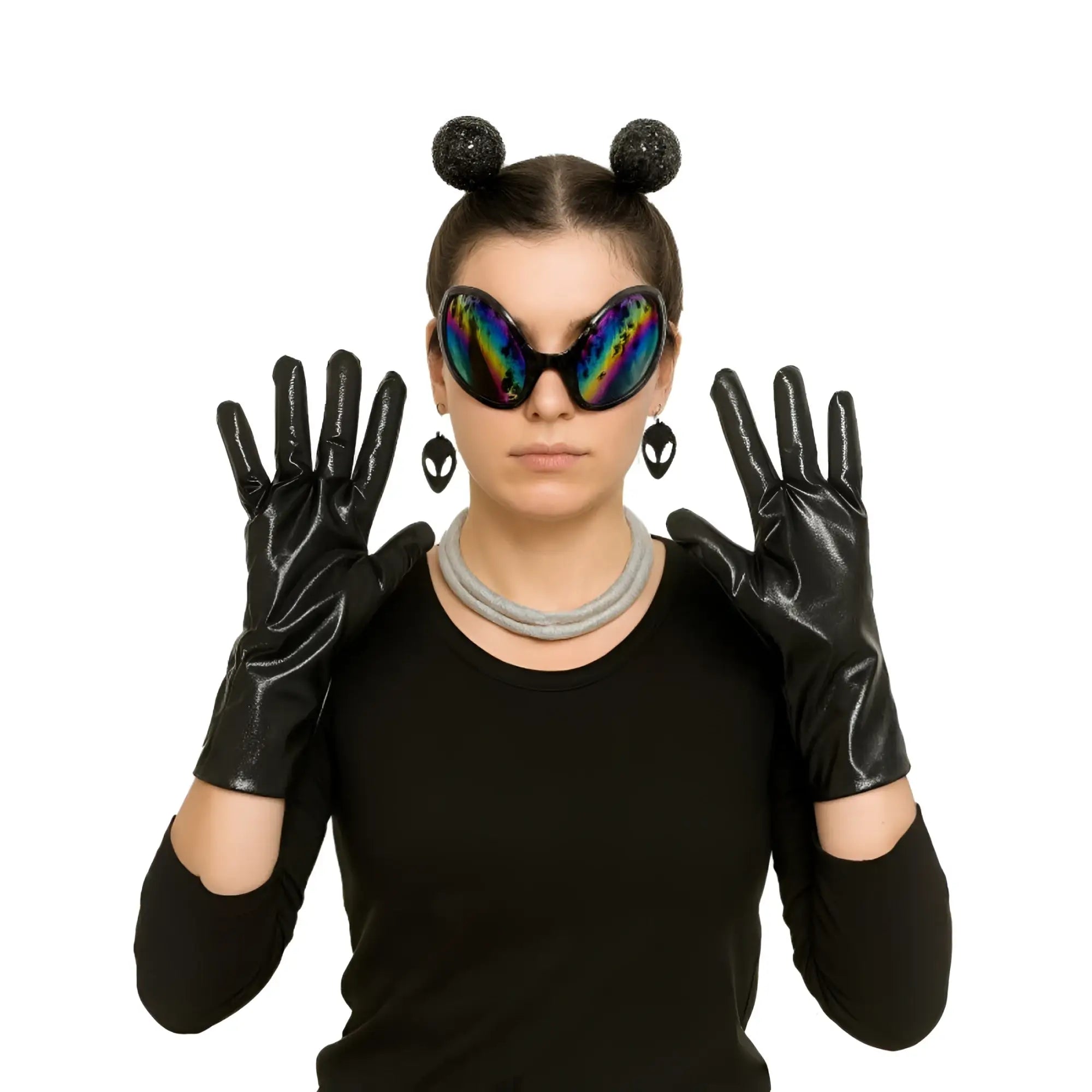Black patent leather gloves with glossy finish and long fitted design from alien dress up kit