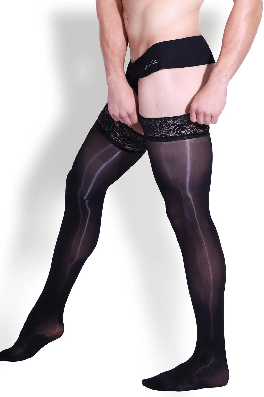 Black sheer thigh-high stockings with intricate lace top trim from allure lace-top stockings obsidian collection