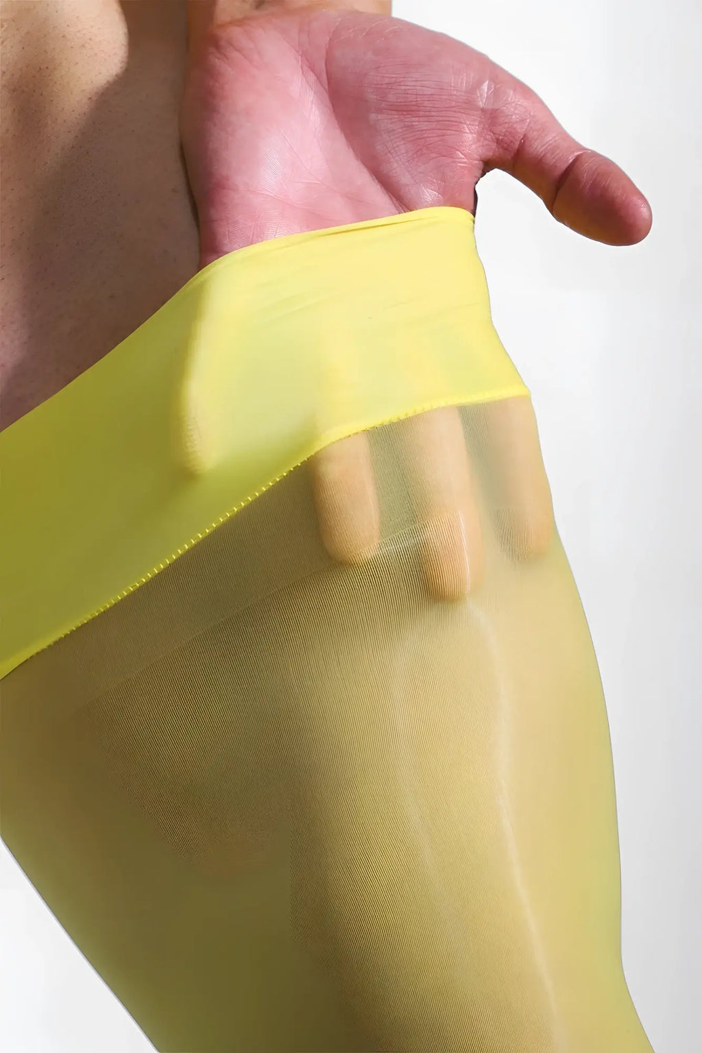 Allure roll-up stockings banana yellow sheer tights with a smooth glossy finish and wide elastic band at the top
