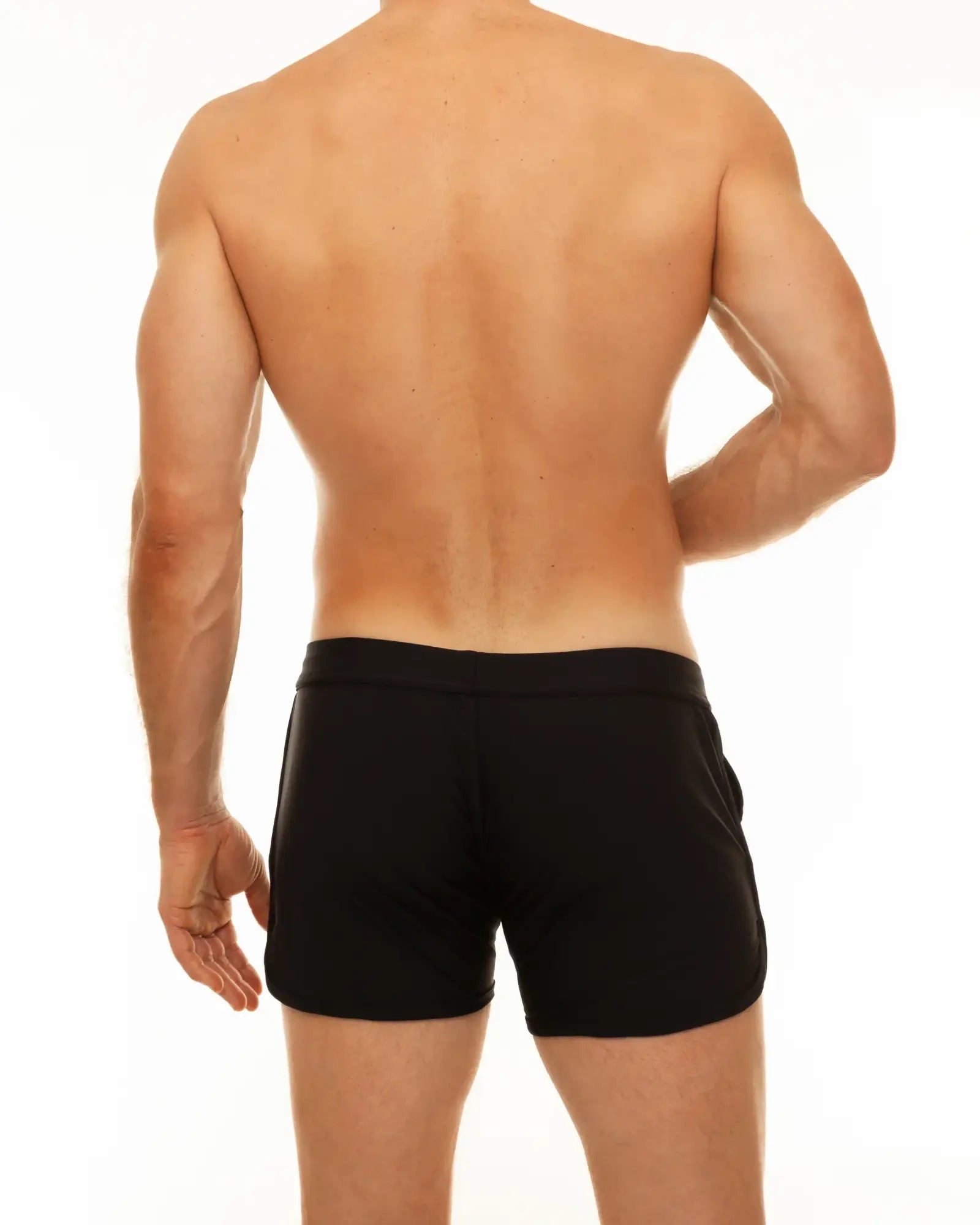 Black along slit swim short athletic shorts with sleek form-fitting design ideal for swimming and active wear