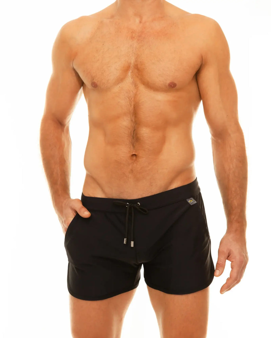 Black along slit swim short with drawstring waistband and small logo on the side for swimming and beachwear