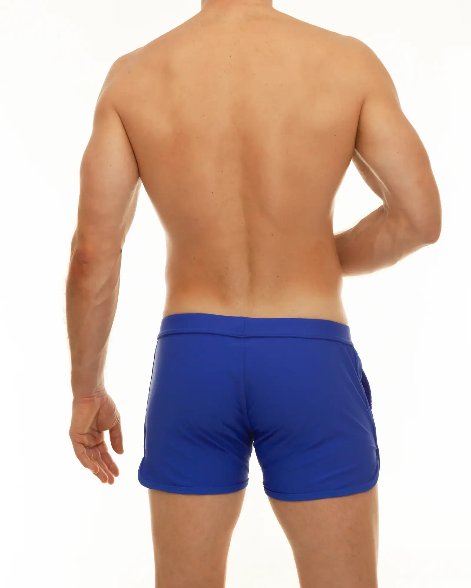 Bright blue along slit swim shorts with a snug fit and elastic waistband perfect for athletic use