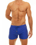 Bright blue along slit swim shorts with drawstring waistband and metallic silver aglets for swimming use