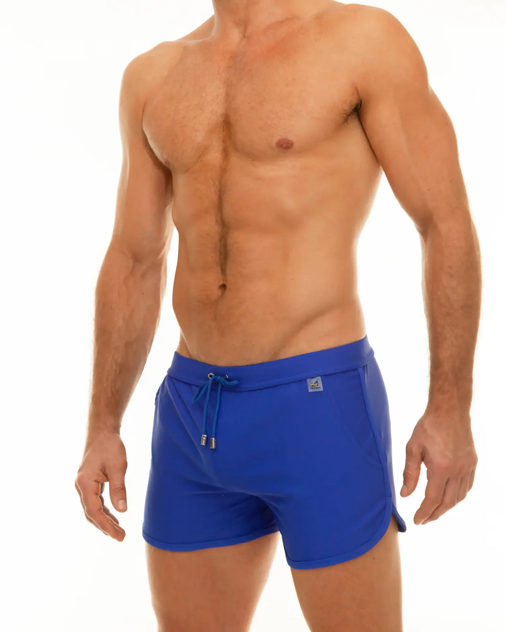 Bright blue along slit swim shorts with drawstring waistband and side pockets for comfortable beachwear
