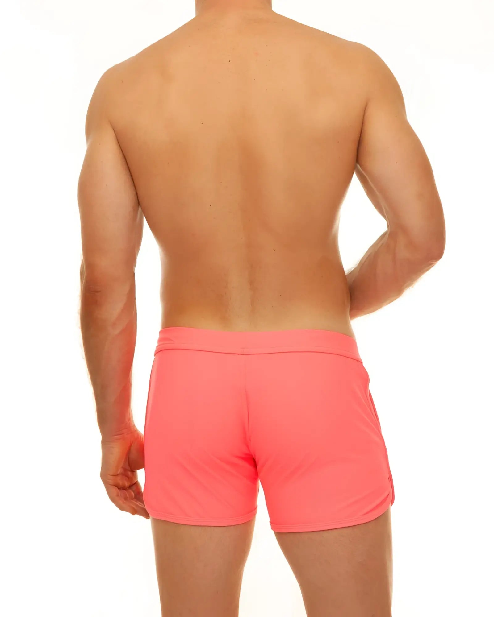 Bright coral along slit swim short with smooth stretchy fabric and simple elastic waistband for swimming