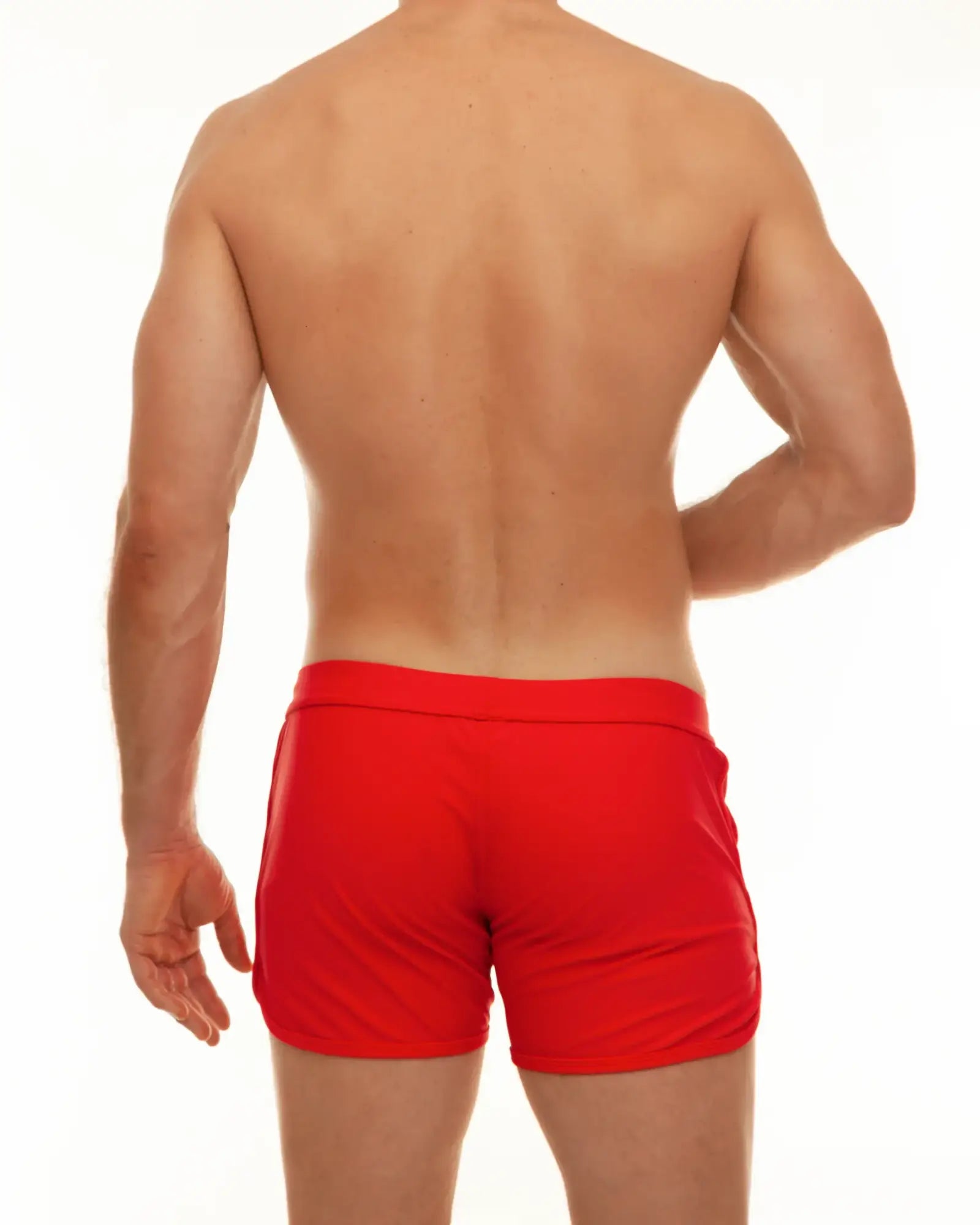 Bright red along slit swim short in form-fitting smooth fabric ideal for swimming and beachwear