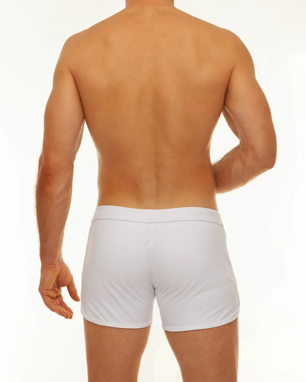 White along slit swim short with smooth white athletic briefs featuring a form-fitting design