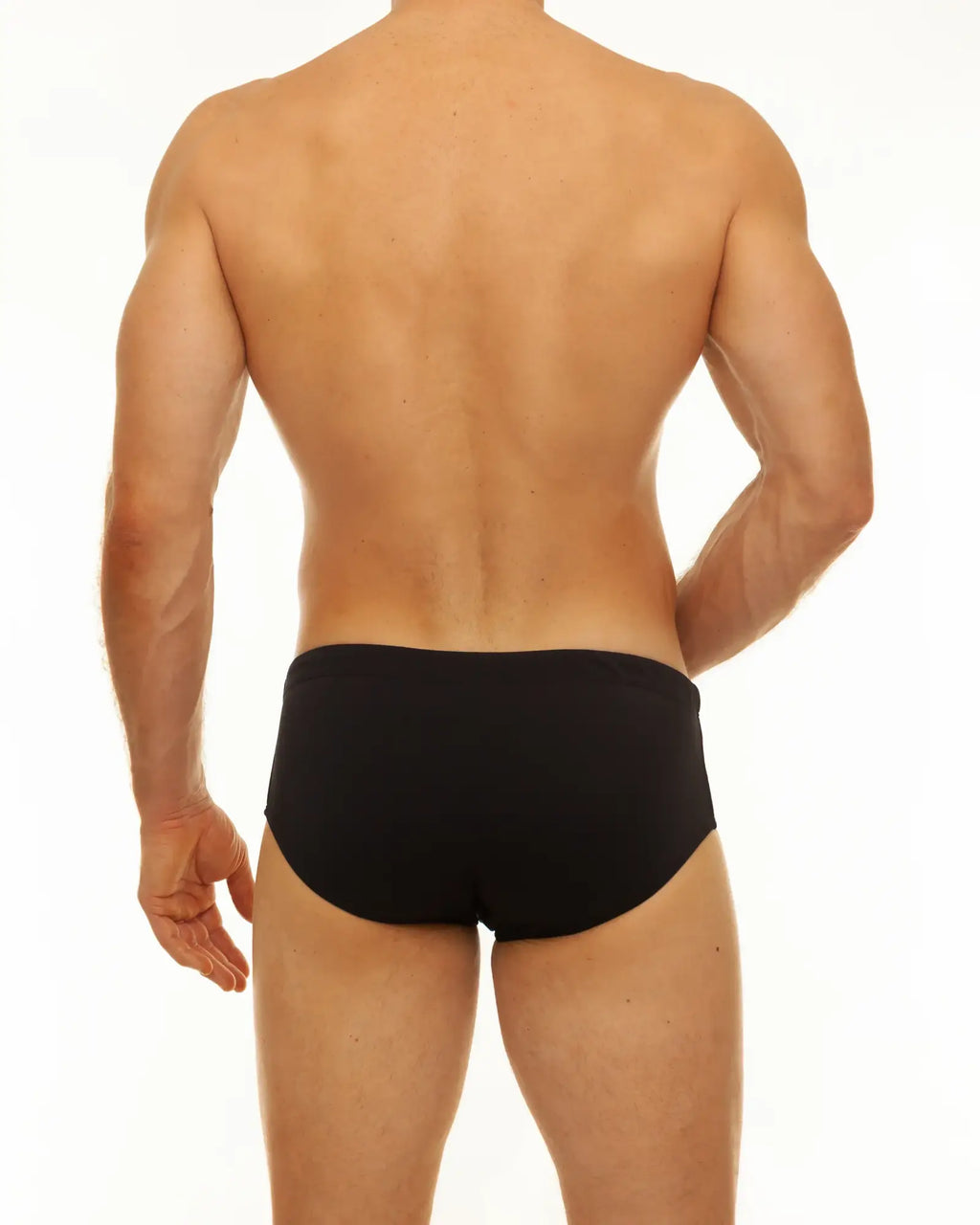 Black along solid swim brief with smooth form-fitting design made from stretchy swim fabric for comfortable wear