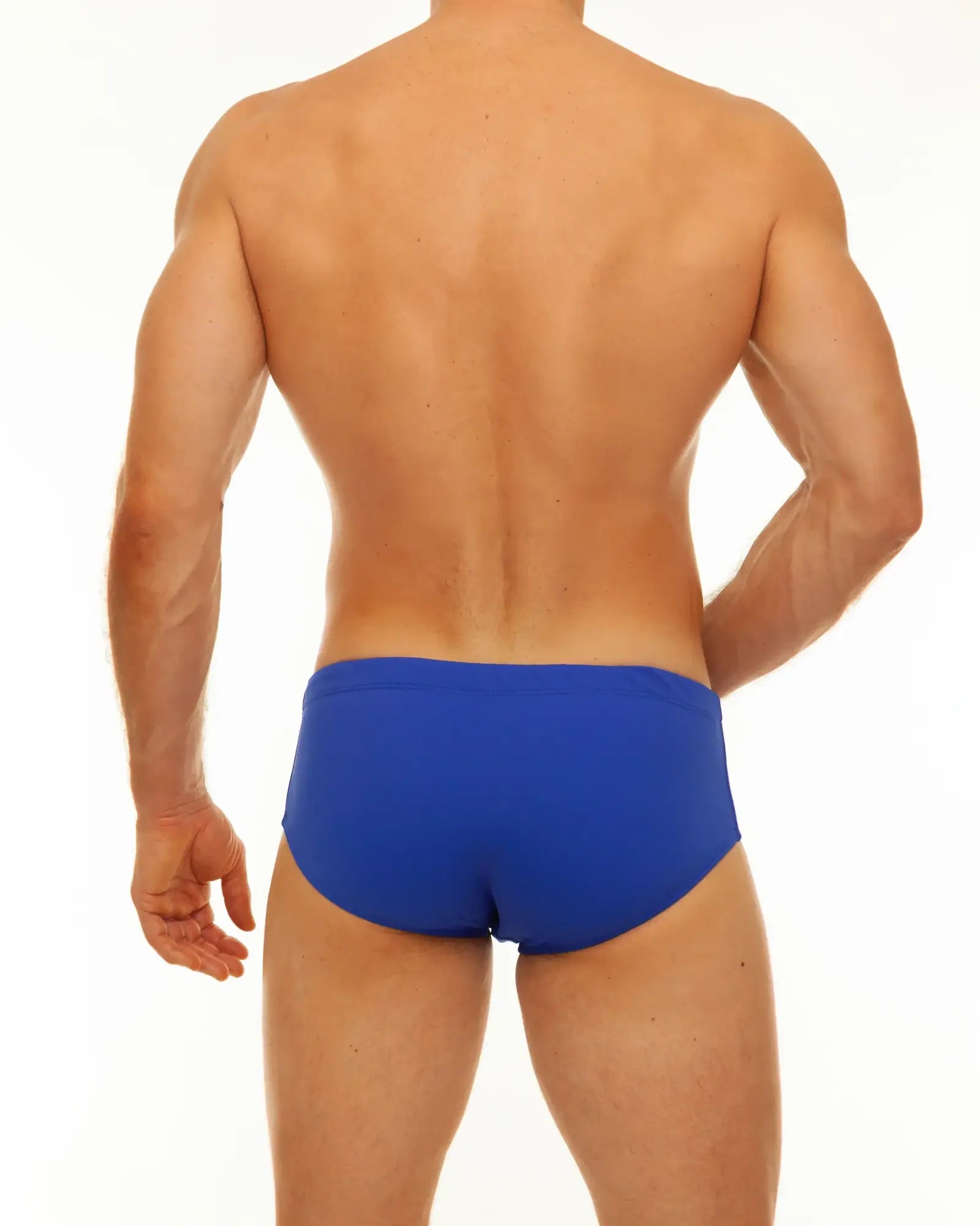 Bright blue along solid swim brief with smooth form fitting design for comfortable swimming and beachwear