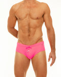 Along solid swim brief in bright pink with drawstring waistband and small logo on the side for swimming and beachwear