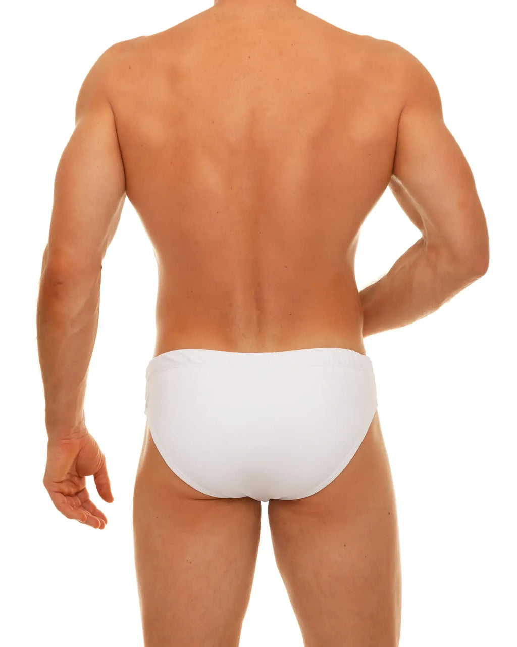 White along solid swim brief with smooth form-fitting design made for comfortable swimwear use
