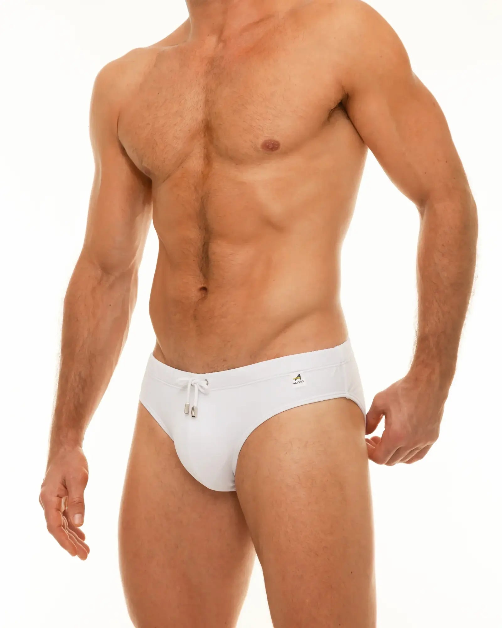 Along solid swim brief showing white swim trunks with a drawstring waistband and small side logo for swimming