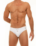 White swim trunks with drawstring waistband and small logo on the side from along solid swim brief collection