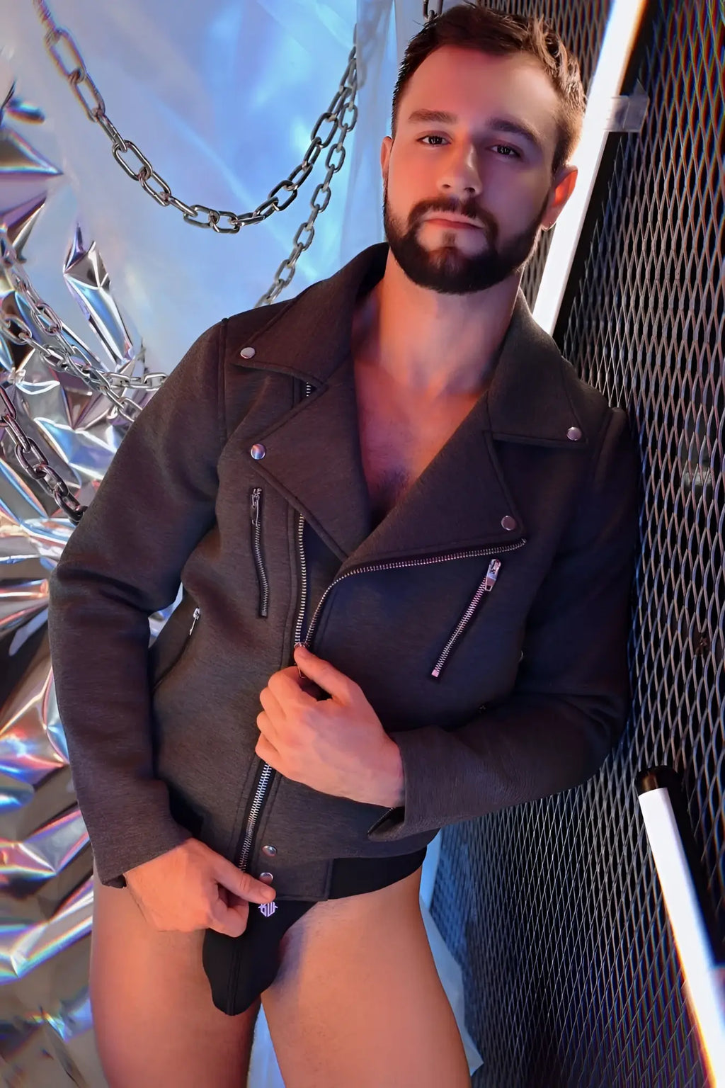 Alpha biker jacket dark gray leather with silver zippers and snap buttons for a classic biker look
