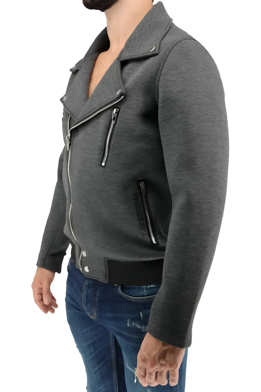 Alpha biker jacket dark gray textured knit with silver zippers and black waistband in front view